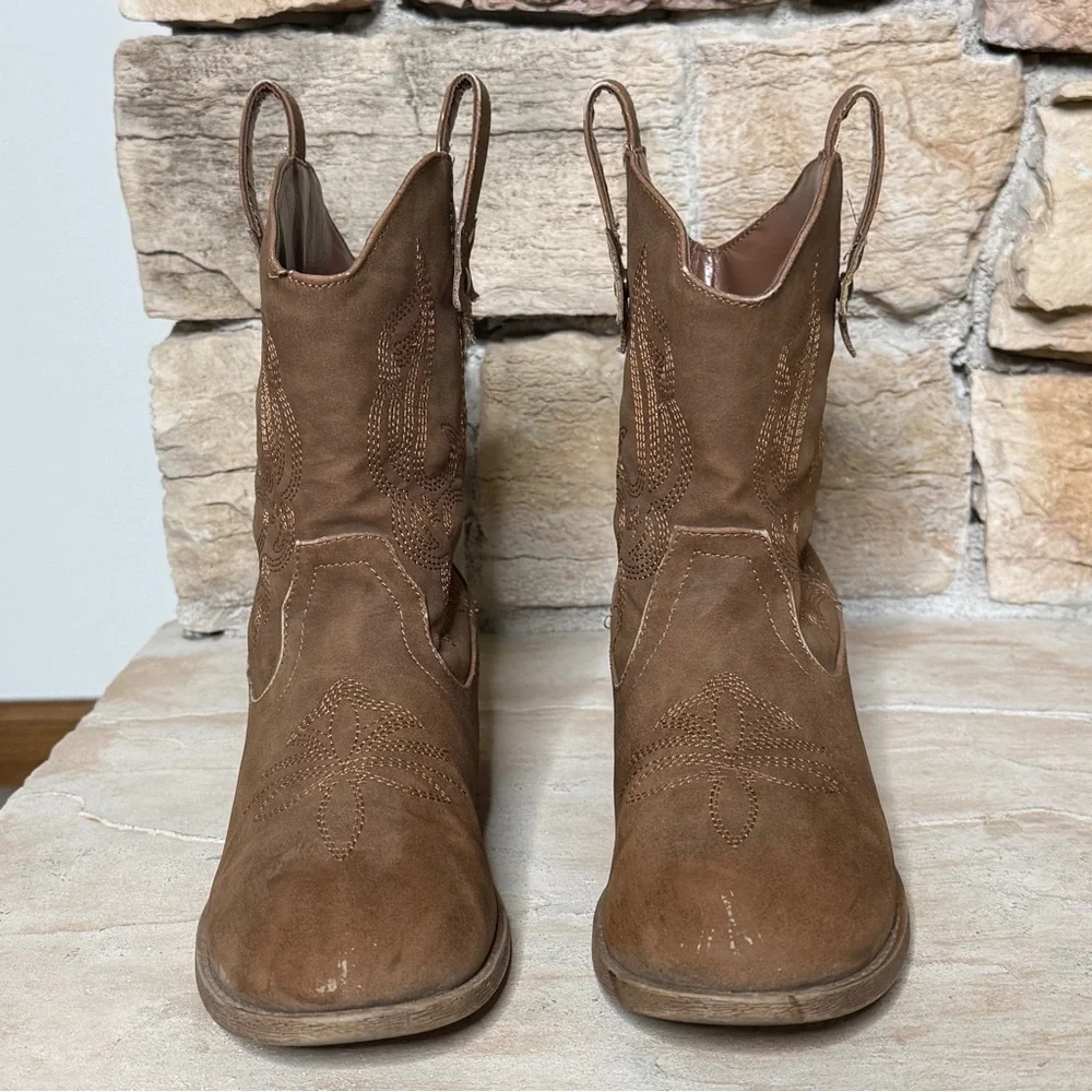 DREAM‎ PAIRS KIDS Embroidered Brown Slip-On Cowgirl Ankle Boots Size 5